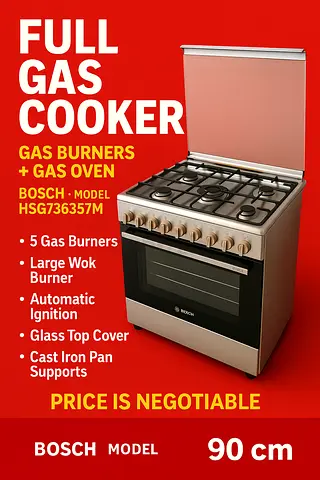 Bosch Full Gas Cooker with 5 Burners and Glass Top Cover