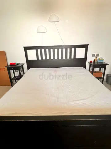 IKEA Black Bed Frame with Mattress and Side Tables