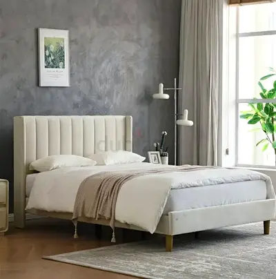 upholstered Platform Bed Frame/Full Bed Frame/Modern Geometric Double-Wing Design