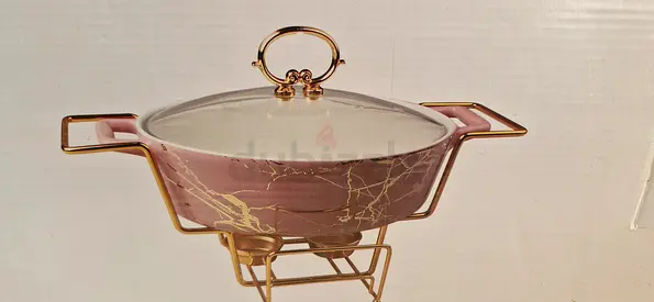 Elegant Ceramic  Glass Oval Food Warmer – Double Burner | Golden Stand | Food-Safe