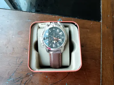 Fossil mens quartz watch, black chronograph display and leather strap - fs4813ie , brown