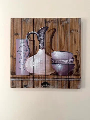 Charming Vintage Wooden Art Panel with Pottery Design