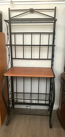 Black wrought iron and wood shelfshelving unit