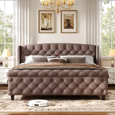 Velvet Upholstered Sleigh Bed with Wingback Headboard  Scroll Footboard, Queen Size