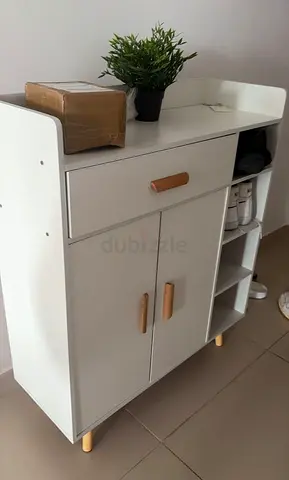 Modern White Wooden Cabinet with Drawer and Shelves