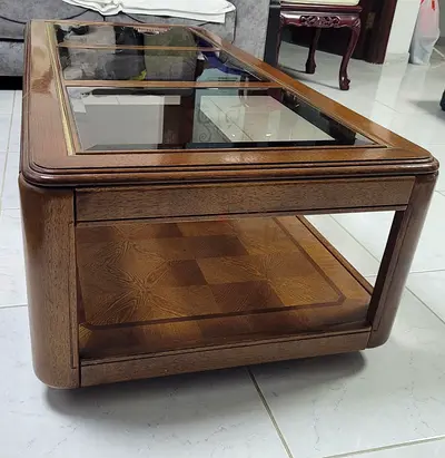 Charming Wooden Coffee Table and 2 Side Tables with Glass Top