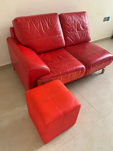Red leather sofa 2 seater with foot stool