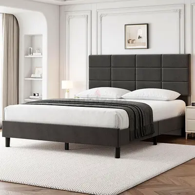 King size fabric bed with sleek design