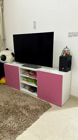 Sleek Modern TV table with Storage in Pink and White
