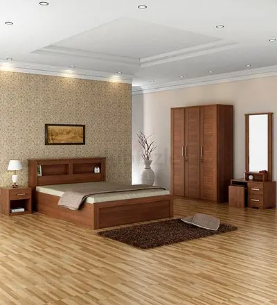 Elegant Wooden Bedroom Set with Bed, Wardrobe, and Nightstand