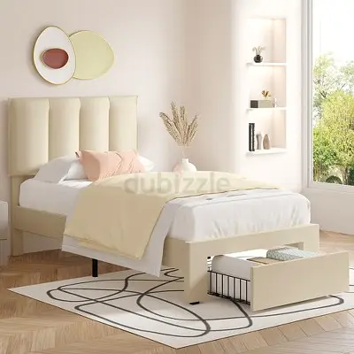 *Elegant Cream Upholstered Bed with Storage Drawer — Modern Minimalist Design, Comfortable Sleep