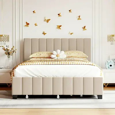 Velvet Upholstered Platform Bed with 2 Drawers and 1 Twin XL Trundle, Queen Size Platform Bed Frame