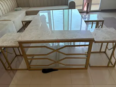Dining set - Marble table with golden frame and four marble stool