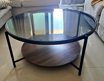 Stylish Glass Top Coffee Table with Wooden Base 90 cm dia,42 cm height