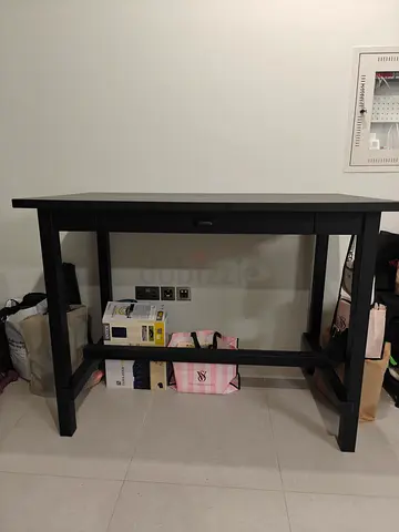 Minimalist Black Wooden Console Table with Drawer and 2 bar chairs