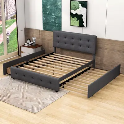 Queen Size Upholstered Platform Bed with 2 Drawers and Twin