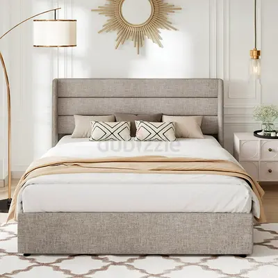Queen Size Lift up Hydraulic Platform Storage Bed Frame with Fabric Channel Wingback Headboa