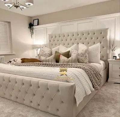 Elegant Beige Tufted Bed with Cushions