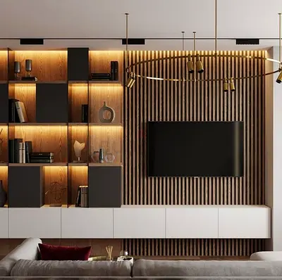 Modern Entertainment Center with Wood Accent Wall