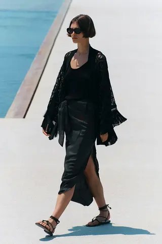 Zara Open Knit Black Kimono With Fringe Details