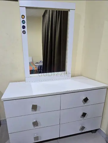 Modern White Dresser with Mirror and bed