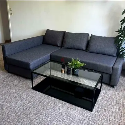 Comfortable Grey Sectional Sofa with Glass Coffee Table