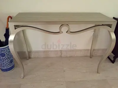 Elegant set of Silver Console Table, matching mirror, coffee table  cupboard. Excellent conditi