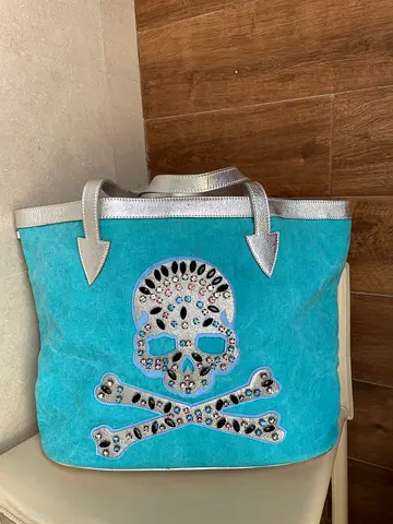 Philipp Plein Unique Turquoise Skull Tote Bag