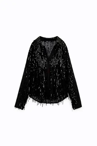 Zara Festive Collection Black Shirt With Sequin  Fringe Details