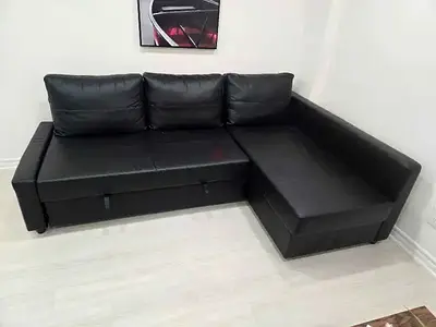 Stylish Black Leather Sofa with Storage