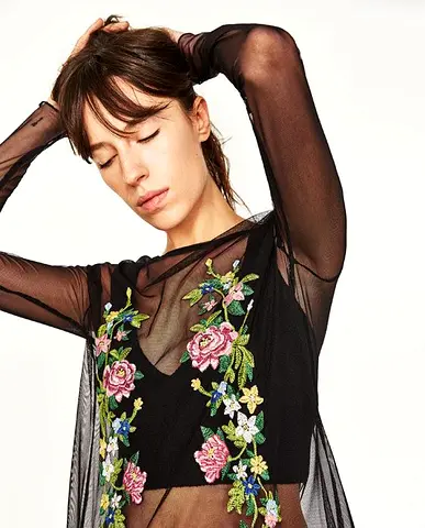 Bloggers Fav Zara Sheer Embroidered Long Dress Top in Black