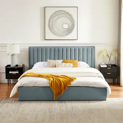 Stylish Queen Size Bed with Upholstered Headboard