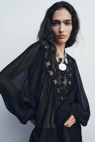 Black Zara Blouse With Beads and Cutwork Embroidery
