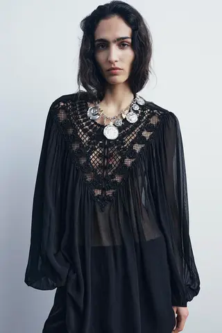 Black Zara Blouse With Beads and Cutwork Embroidery