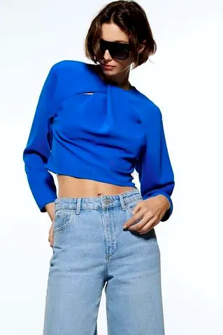 Zara Electric Blue Top With Front Crossover Neck