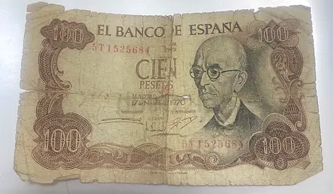 للبيع: ورقة نقدية إسبانية أصلية فئة 100 بيستا – سنة 1970. ورقة تاريخية مناسبة للهواة، حالتها مستخدمة