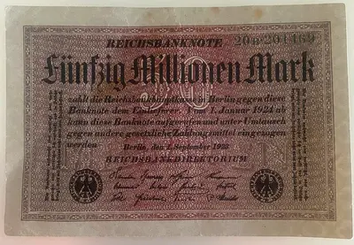 للبيع: ورقة نقدية ألمانية أصلية فئة 50,000,000 مارك – سنة 1923. قطعة تاريخية من فترة التضخم الألماني