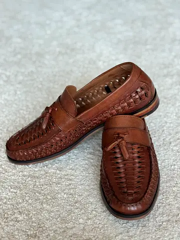 Tan Brown Woven Leather Loafers