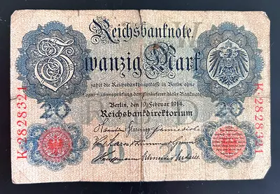 للبيع: ورقة نقدية ألمانية أصلية (20 مارك – 1914). قطعة تاريخية من الإمبراطورية الألمانية، أصلية 100%