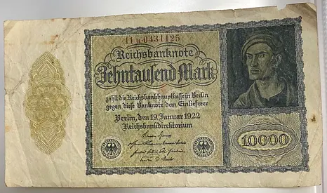للبيع: ورقة نقدية ألمانية أصلية فئة 10,000 مارك – سنة 1922. قطعة تاريخية نادرة قبل فترة التضخم الألم