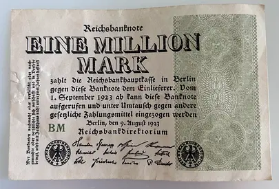 ——————————————————————— للبيع: ورقة نقدية ألمانية أصلية فئة 1,000,000 مارك – سنة 1923. قطعة تاريخية