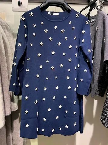 Zara Faux Pearl Knit Mini Dress in Navy Blue