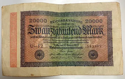 للبيع: ورقة نقدية ألمانية أصلية فئة 20,000 مارك – سنة 1923. قطعة تاريخية من فترة التضخم، حالتها مستخ