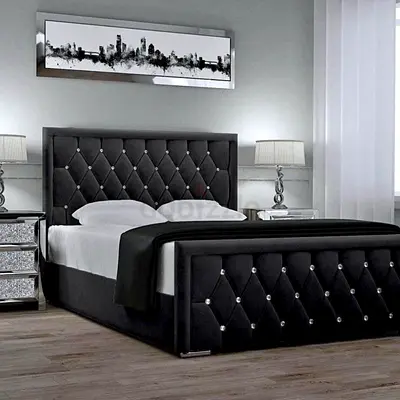 Elegant Black Tufted Bed with Mirrored Nightstand