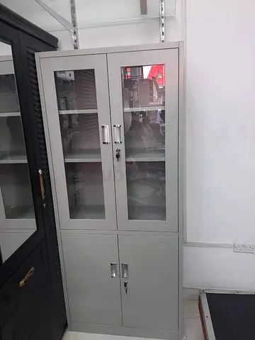 Sturdy Grey Storage Cabinet with Glass Doors