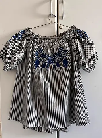 Stylish Black and White Striped with Blue Embroidery Top