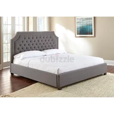 Elegant Grey Upholstered Bed Frame with Nailhead Trim