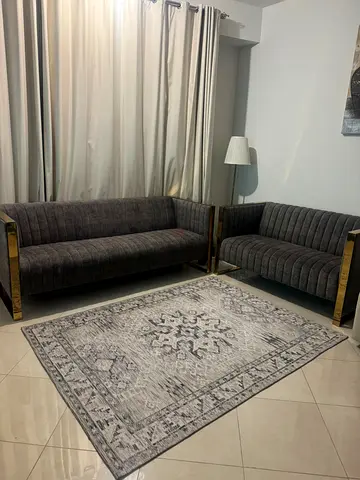 Elegant Grey Sofa Set with Stylish Carpet