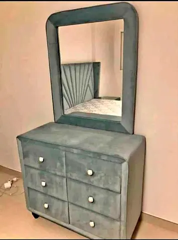 Elegant Blue Upholstered Dresser With Mirror For Sale