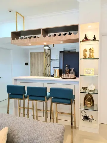 Table with Stools and Stylish Display Shelf